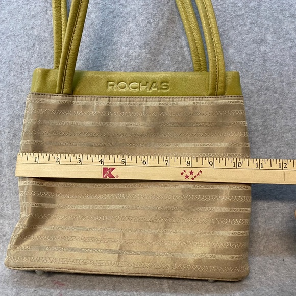 Rochas Paris Two Handle Purse Fabric & Leather 10" Tan / Green Phone Pouch - Picture 7 of 14